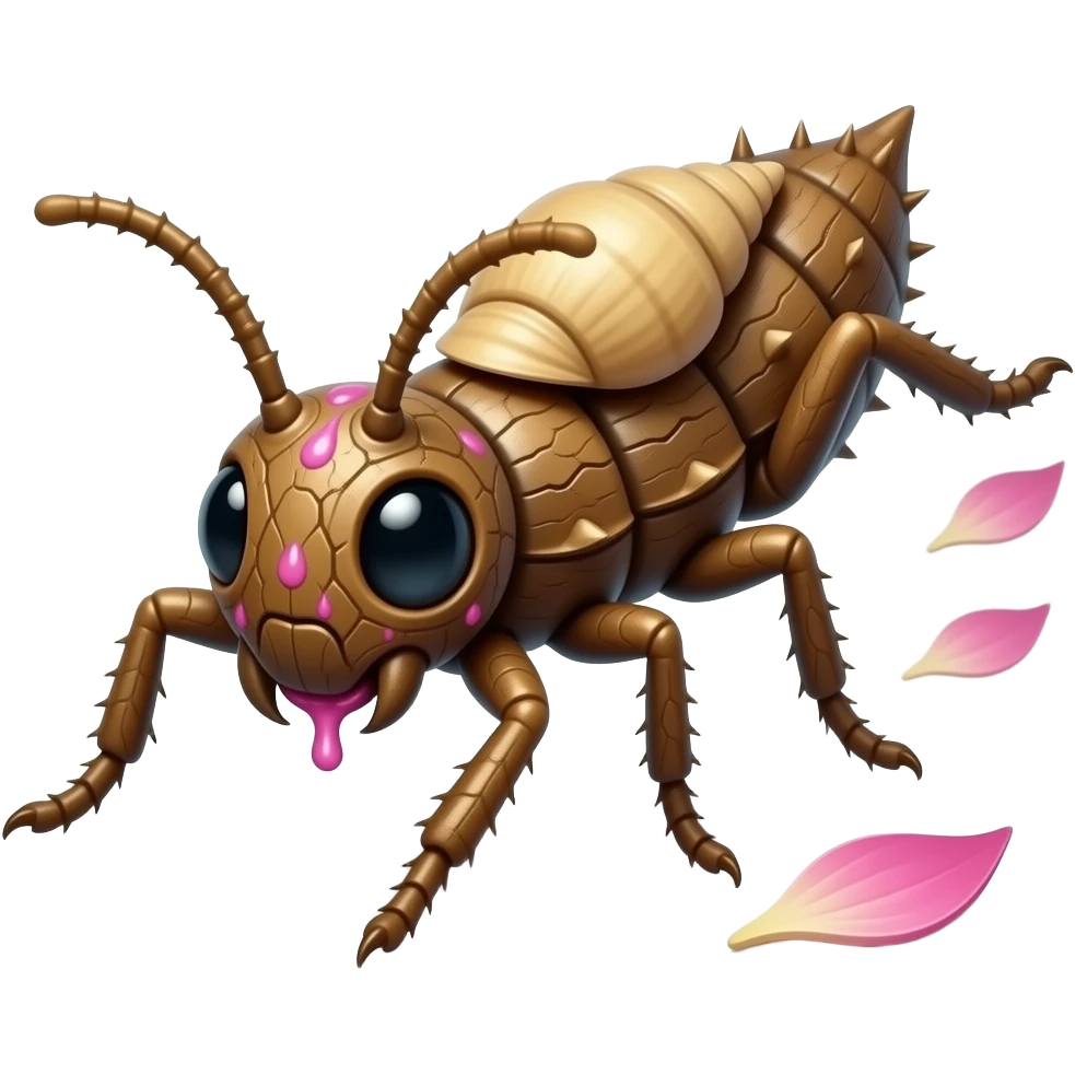 A flying forest Walkingsticks crawler with sticky sap running through cracks in its bark-like body. it's made of bark but has a shell on its back, it has spikes and runs fast with all its limbs. It's full of pink petal markings, and looks like a Walkingstick insect with a petal bark body emoji