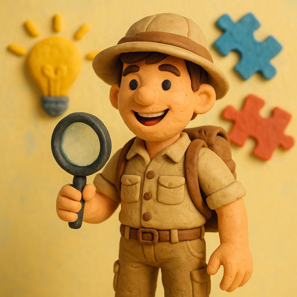 Create a realistic emoji character named Master Hunt. He is a young adult with short brown hair, wearing a casual explorer outfit that includes a button-up shirt and cargo pants. He has a backpack and a safari hat. In one hand, he holds a magnifying glass, and he has an enthusiastic smile on his face. The background should be light and vibrant, incorporating elements like light bulbs and puzzle pieces to symbolize creativity and a positive work culture. emoji
