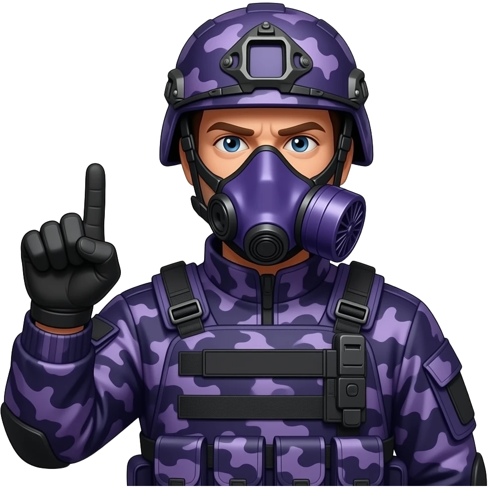 Man with two middle fingers in dark purple camoflage tactical gear helmet full face dark purple gasmask emoji