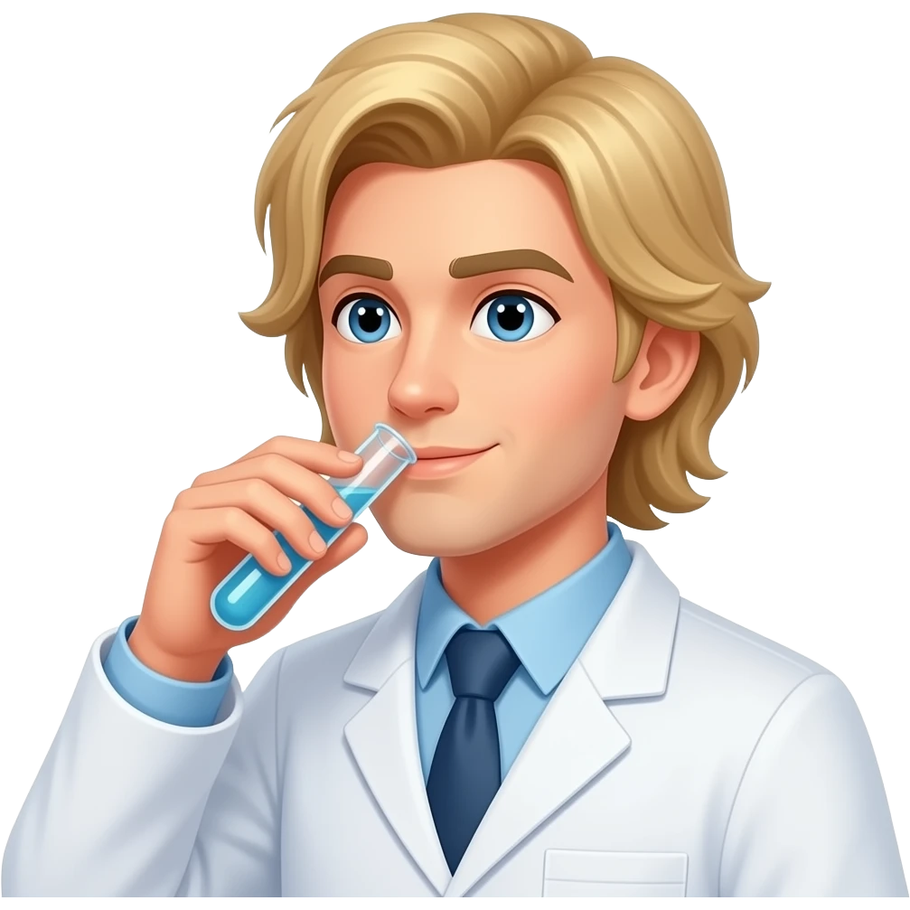 clean shaven male scientist with waist-length blonde hair drinking from test tube emoji