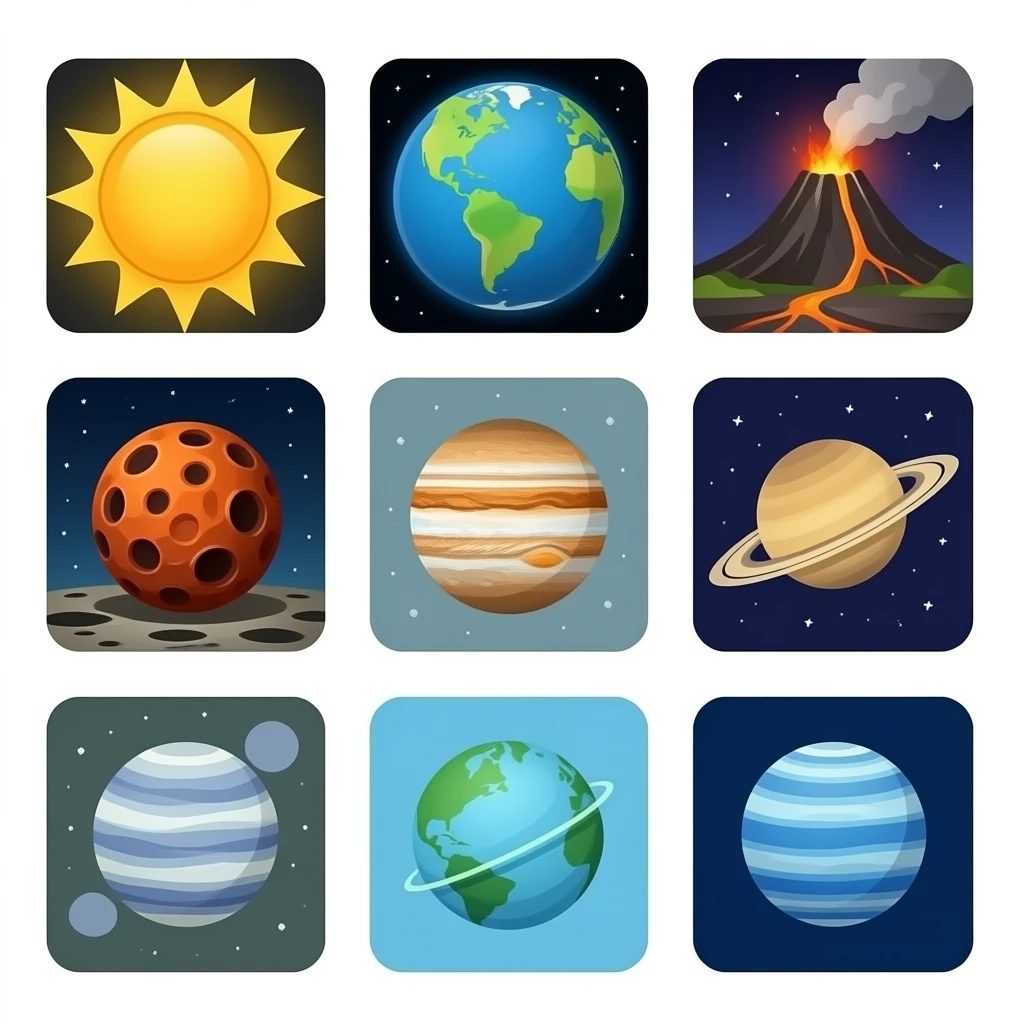 The sun and a cratered planet a volcanic planet earth a rusty planet Jupiter Saturn Uranus with rings  and neptune emoji