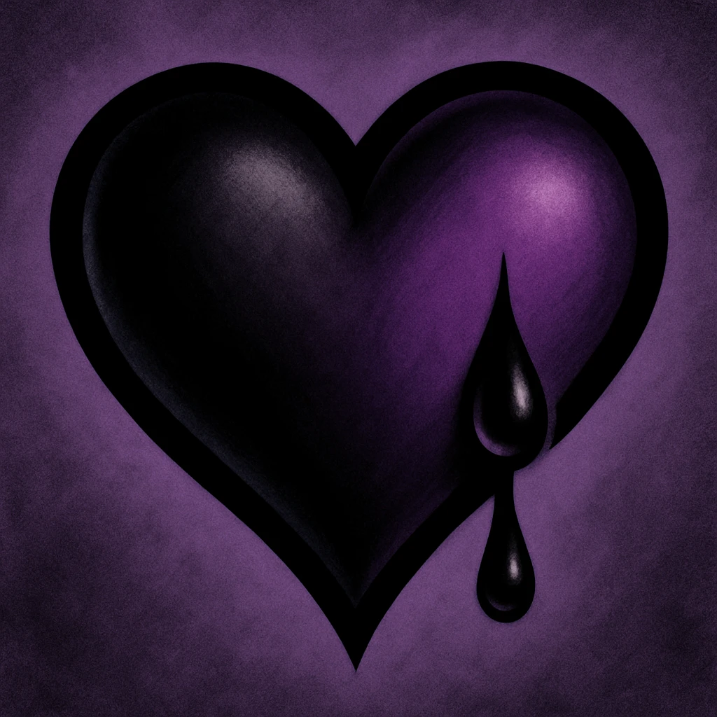 emo heart with black outline, purple and black gradient fill, teardrop detail, dramatic shadows emoji