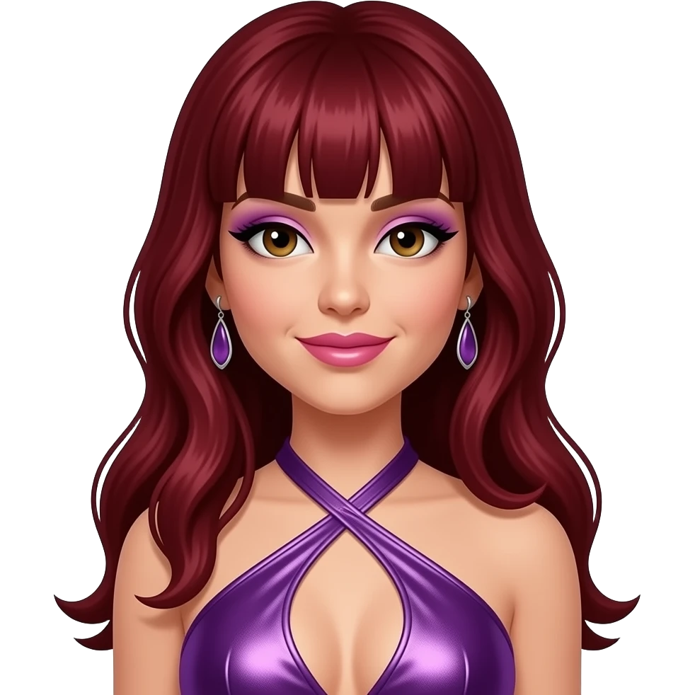 Jessica Sutta from The Pussycat Dolls with hazel eyes, long dark red 2000s bang hair, purple eyeshadow, pink lipstick, purple metallic halter dress, earrings emoji
