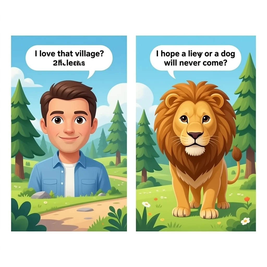 un publo con un bosque y casa de epoca 2026 con personas que sea realistas que una person diga en ingles:me encanta ese pueblo y otra persona que diga:espero que nunca llege un leon o un perrro  pero que no apareccan en la imagen emoji