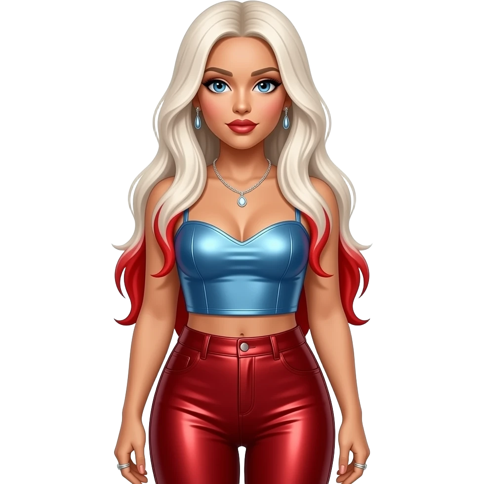 Christina Aguilera with blue eyes, long white blonde straight hair with red highlights, periwinkle metallic sleeveless sweetheart crop top, red metallic leggings, necklace and earrings emoji