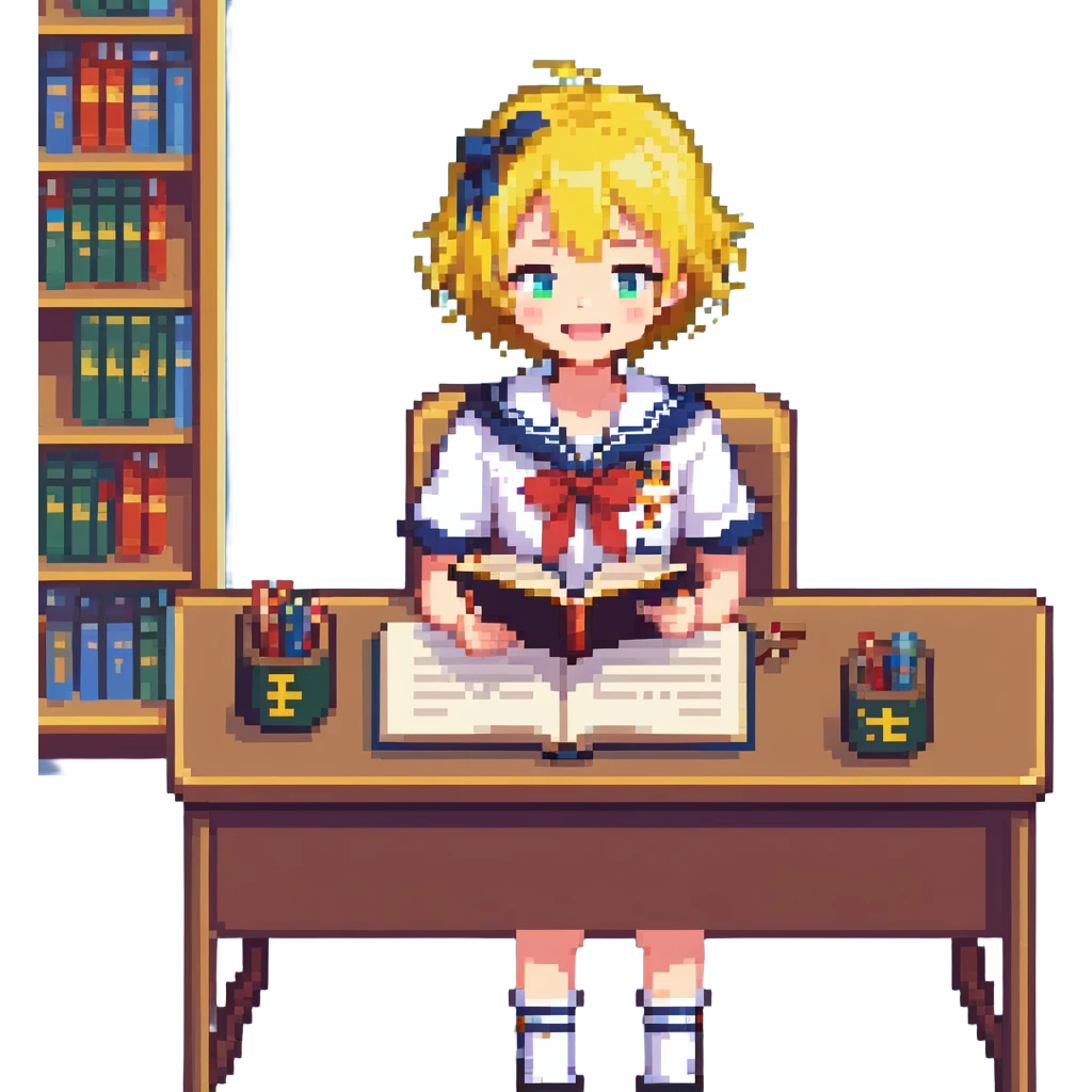Pixel art anime girl with short bright yellow hair wearing Japanese sailor style school uniform, sitting at desk reading book but with excited smile, energetic studying pose emoji