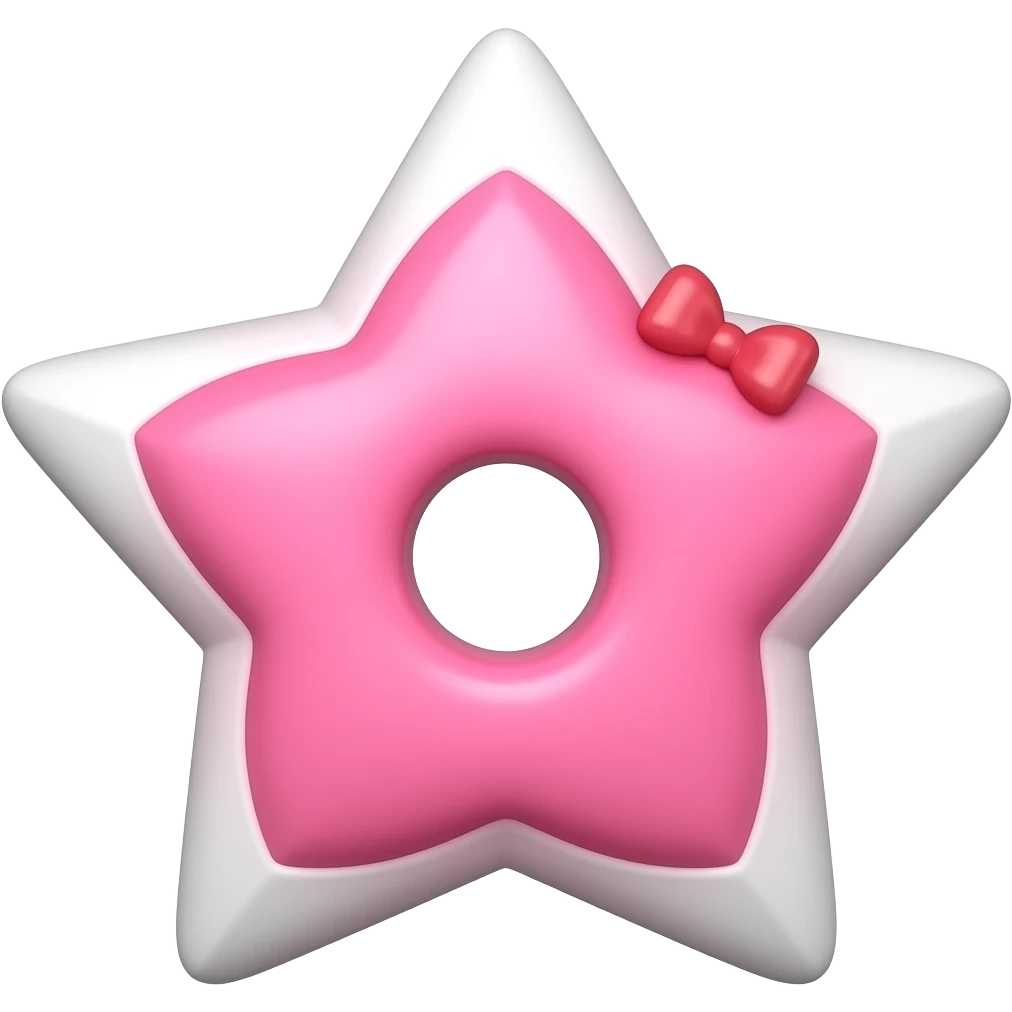 Cute chubby pink star-shaped shuriken emoji, soft and rounded star with blunt edges, not sharp, bright pink color with white borders, big circular hole in the center, small red bow on the side, very kawaii and chubby appearance, plump and friendly look,soft cartoon style, adorable and goofy emoji