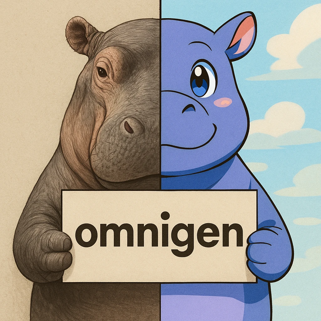 a hippo holding sign of omnigen, half picture hippo is realistic another hald is the anime of that same hippo emoji