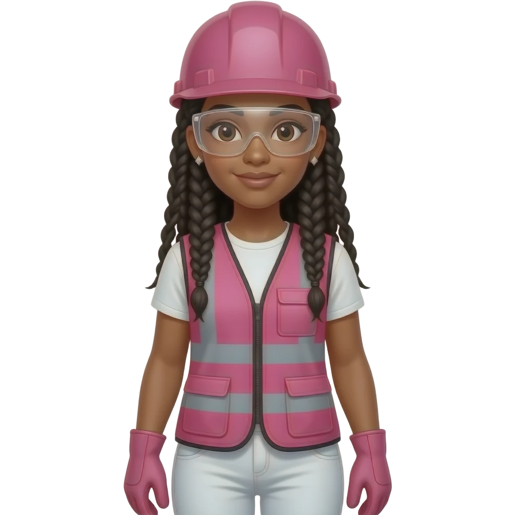 Light skin woman with brown eyes with long black box braids wearing diamond earrings wearing pink and clear safety glasses wearing a pink construction vest wearing white pans wearing pink construction vest wearing white pants wearing pink construction gloves emoji