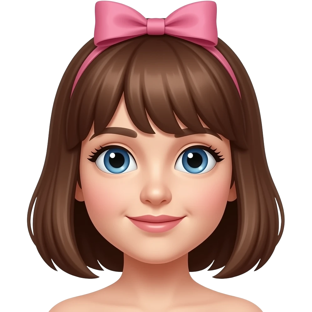 Brown hair blue olderish eyes with pink bow on her head emoji
