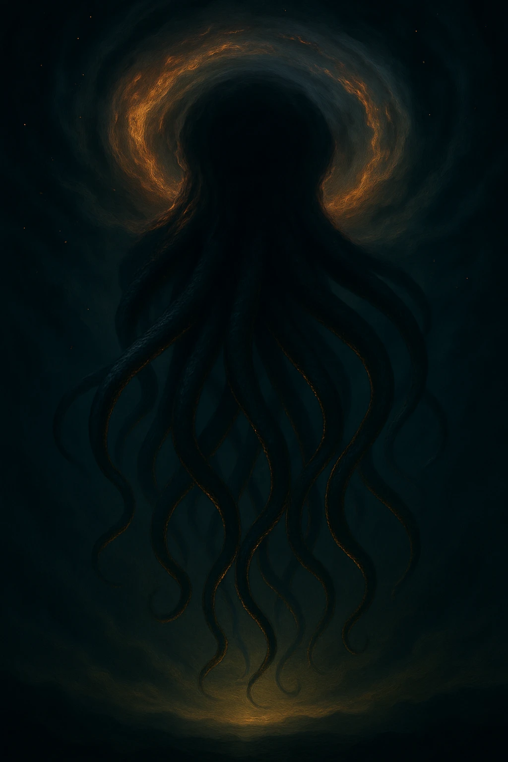 Enhance the visibility of the tentacle arms emerging from the vortex in a cosmic horror style. Add more dramatic lighting and subtle highlights to make the arms stand out clearly against the cosmic background, maintaining the same perspective and cosmic horror mood. emoji