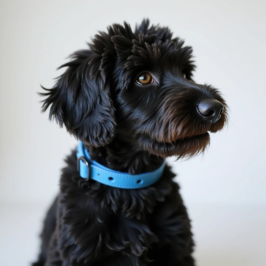 photorealistic black doodle dog with a blue collar, simple background, accurate details emoji