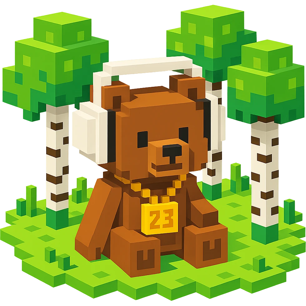 березовый лес, в котором сидит бурый медвежонок в белых наушниках (наушники должны закрывать уши медведя), на медведе цепь с подвеской "23", no background  emoji