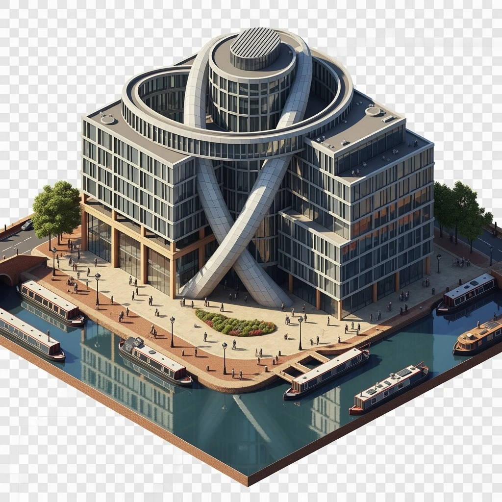 Isometric illustration-model of Birmingham, photorealistic the Library of Birmingham with its modern architecture and nearby canals, highly detailed in semi-realistic style, balanced between stylized and realistic, 3D miniature effect, transparent background. emoji
