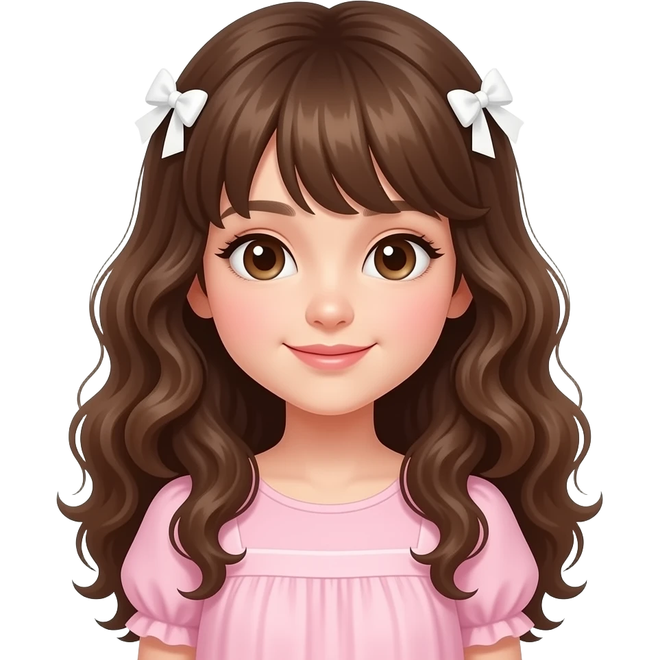 girl brown eyes, brown slightly curly very long hair with bangs, pale pink dress, white hair bows emoji