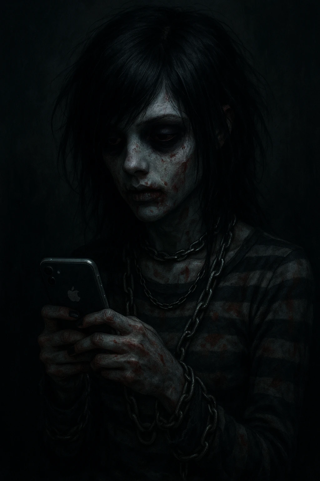 emo zombie girl, black hair, striped shirt, chains, pale skin, dark eyes, subtle blood stains, texting on an iPhone emoji