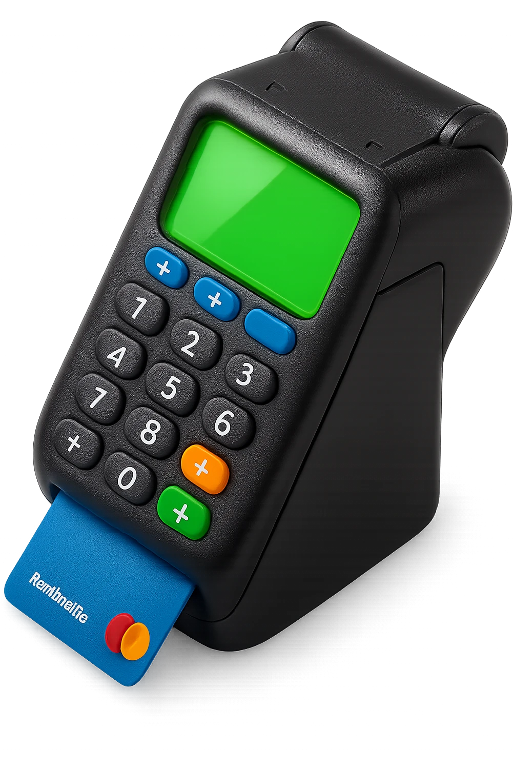 Make the payment terminal look modern and up-to-date in skeuomorphism style with no background. The style should reflect realistic textures and subtle shadows typical of skeuomorphism, emphasizing a polished and tactile appearance with a transparent background. emoji