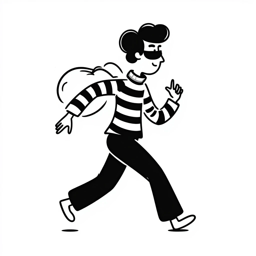 hand drawn doodle style robber wearing a mask and striped shirt, running, simple background emoji