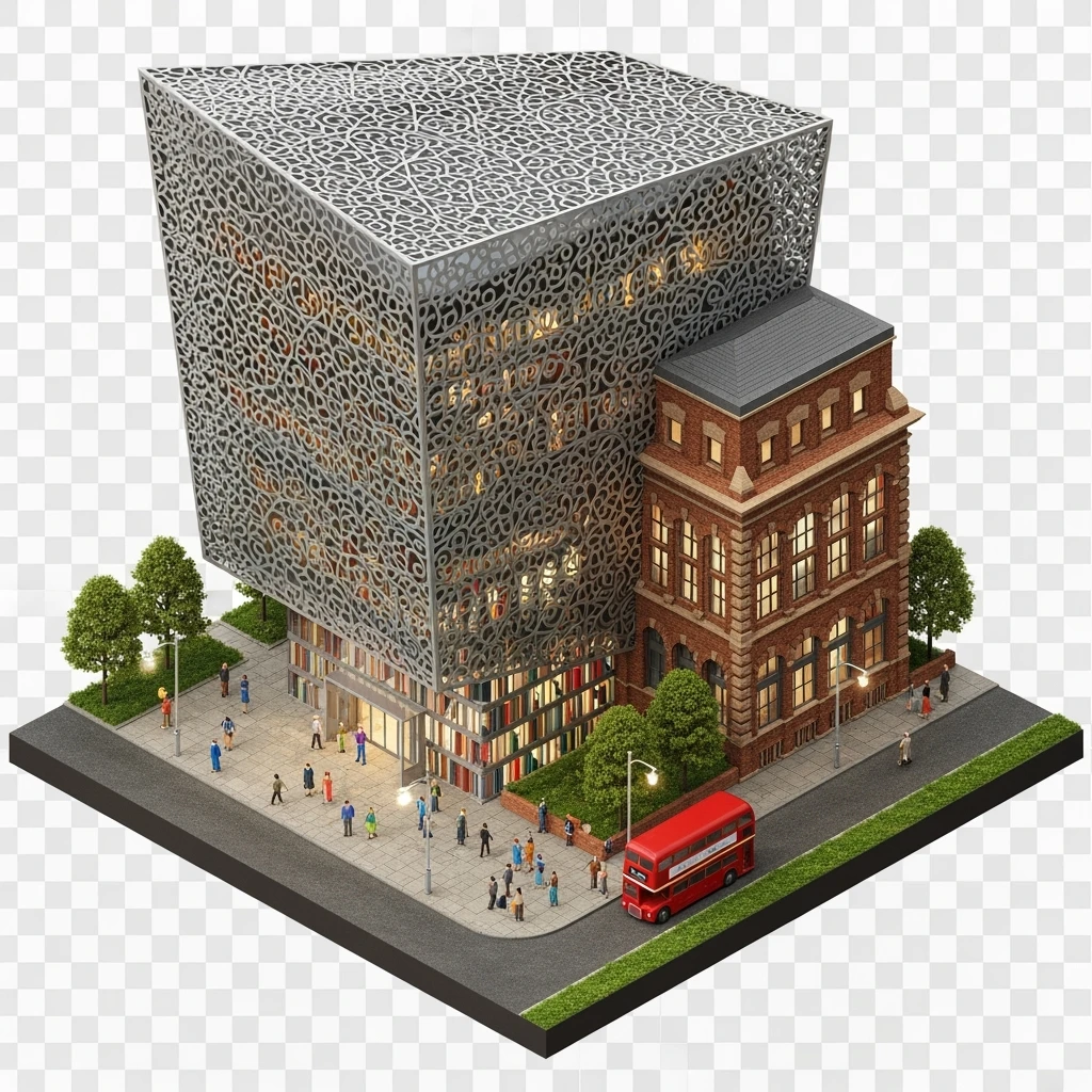 Isometric photorealistic illustration of Birmingham library highly detailed in semi-realistic, 3D miniature effect, transparent background. emoji
