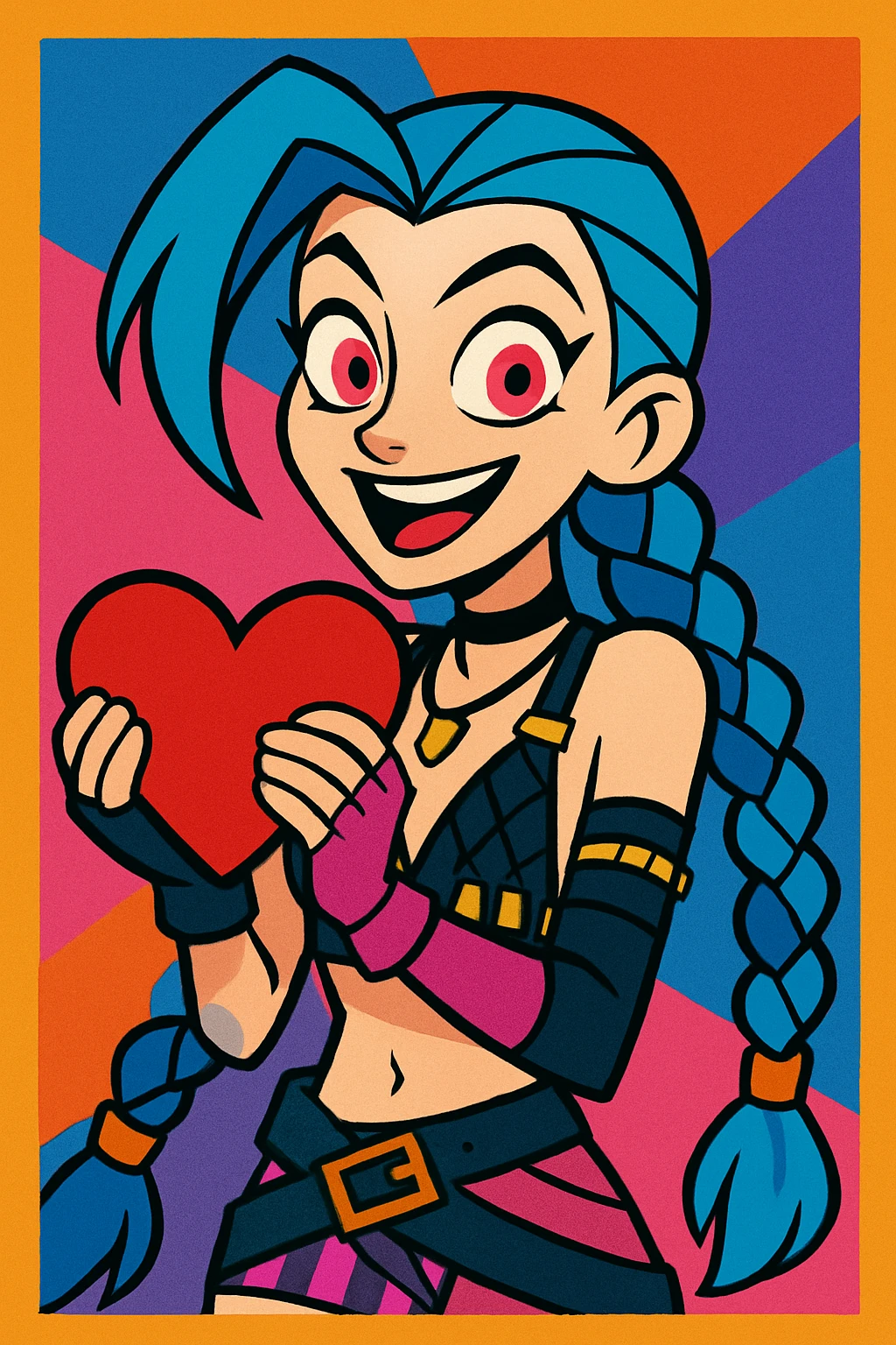 Jinx from League of Legends holding a heart, vibrant cartoon style emoji