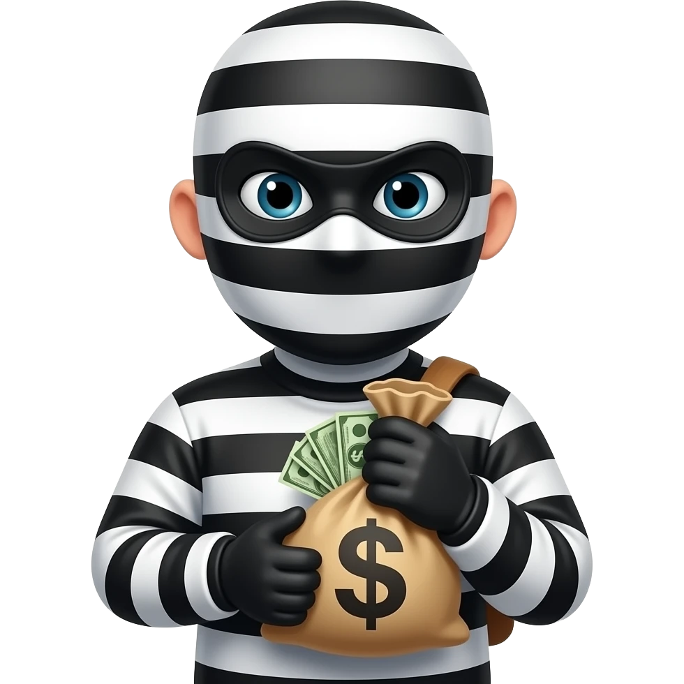 L'emoji di un ladro fammela in  e fammelo con un vestito con le strisce bianche e nere e anche una maschera che copre che sta sugli occhi e un dacco con dentro dei soldi emoji