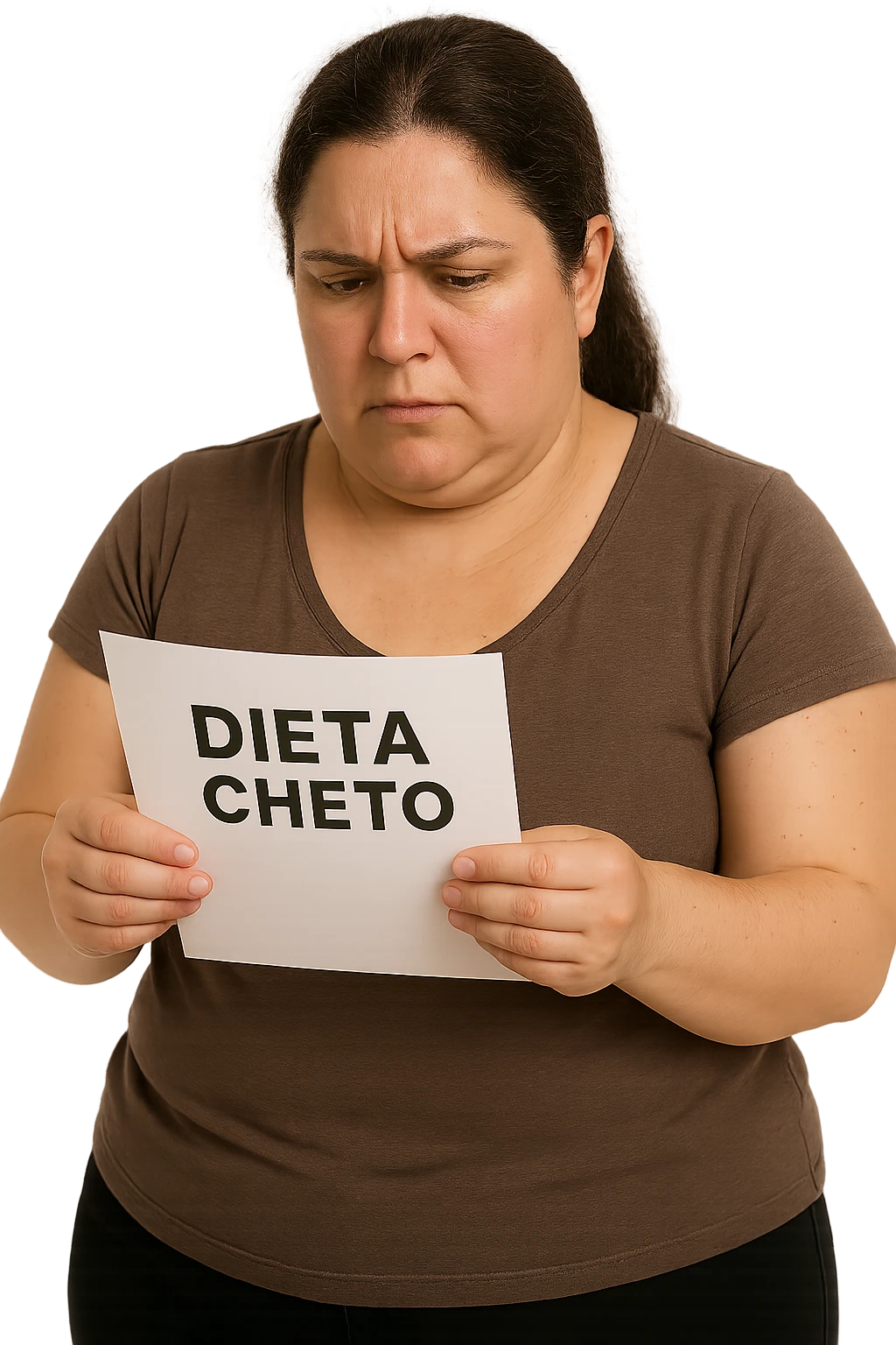 donna realistica leggermente in sovrappeso che legge un foglio con la scritta "dieta Cheto", sfondo bianco, iperrealistica 4k, IPERREALISTICA 4K emoji