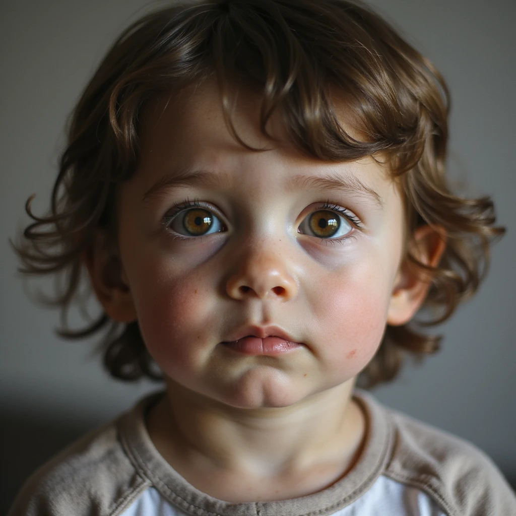 realistic child with facial features arranged to suggest the letter F, natural lighting, lifelike details emoji