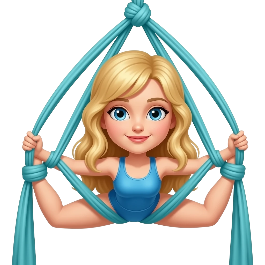 Blonde girl with blue eyes. Full body doing a trick on teal aerial silks tied in a knot emoji