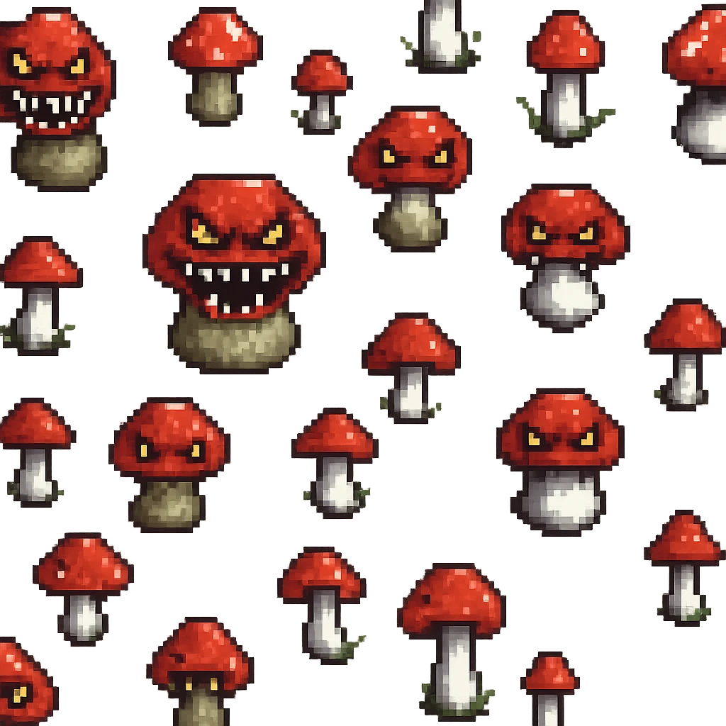 Make the dangerous red-capped mushroom look scarier by adding fangs or a creepy face. Keep the pixel art style and no background. emoji