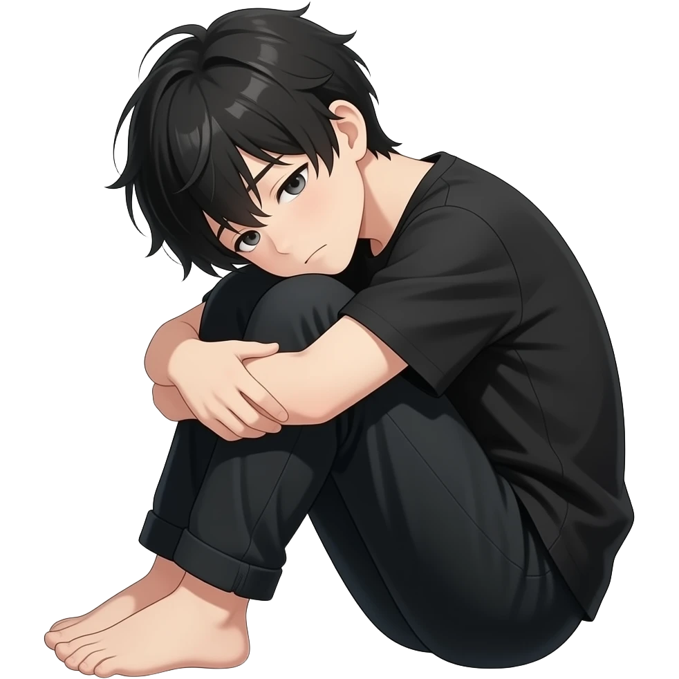 lonely anime boy in black clothes curled up emoji