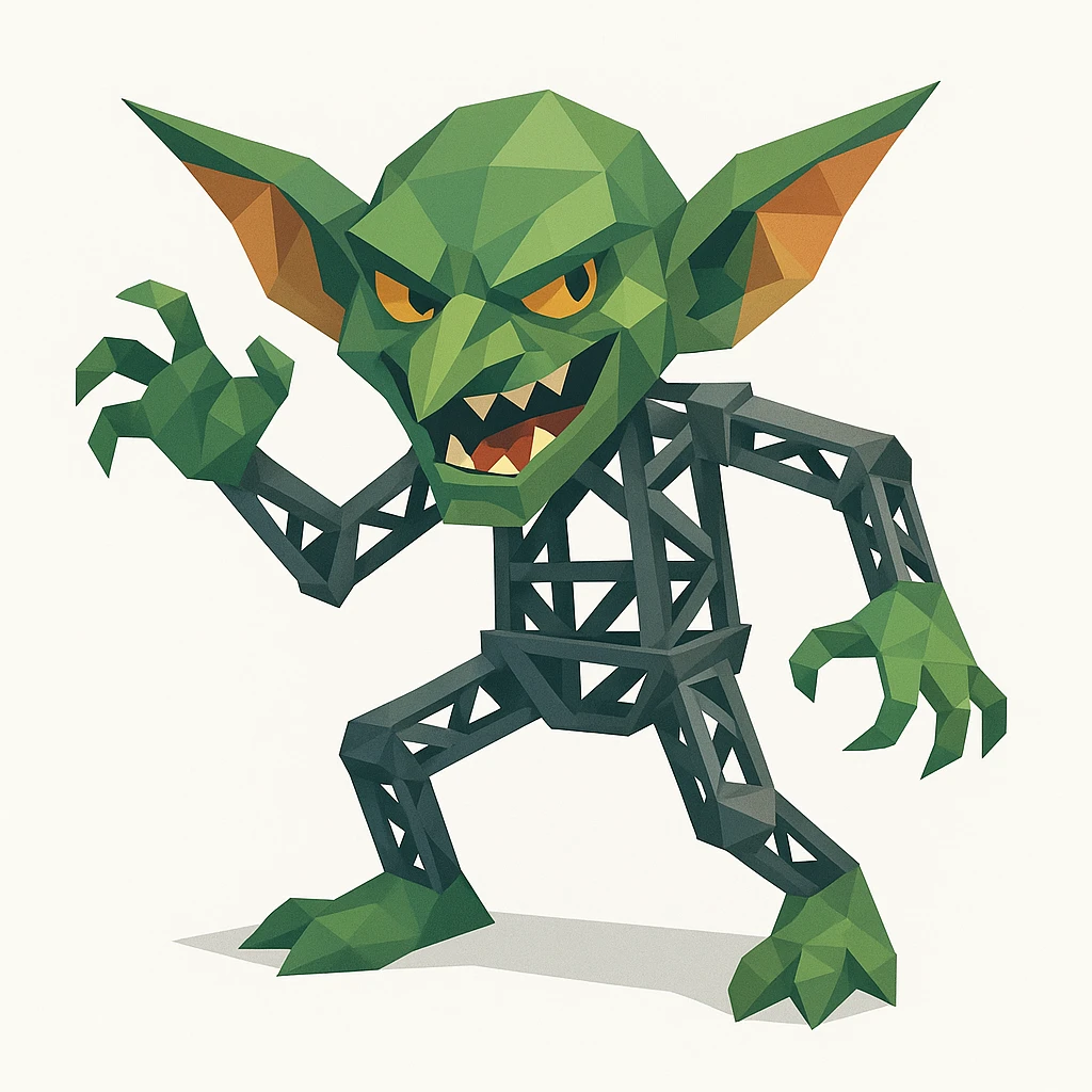 a mischievous goblin with a body resembling steel trusses, cartoon style, white background emoji