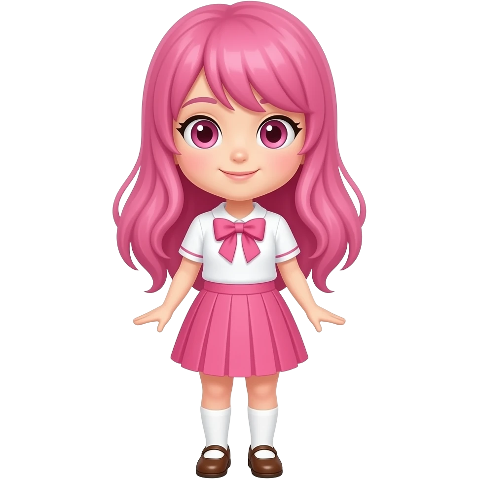 A girl with pink hair 🩷style anime with pink eyes 🩷  and white an pink outfit with 🩷 skirt with brown shoes 👟 emoji
