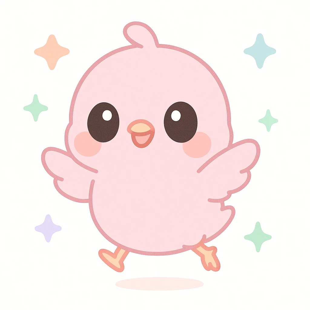 a cute pink chick, original design, big eyes, blushing cheeks, joyful, jumping in the air with sparkles emoji