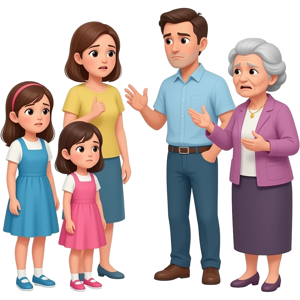 Ambiente familiar(dos niñas, la madre, el padre y la abuela) deteriorado, desgaste emocional, y desacuerdo sobre ingresar a la suegra en residencia. emoji
