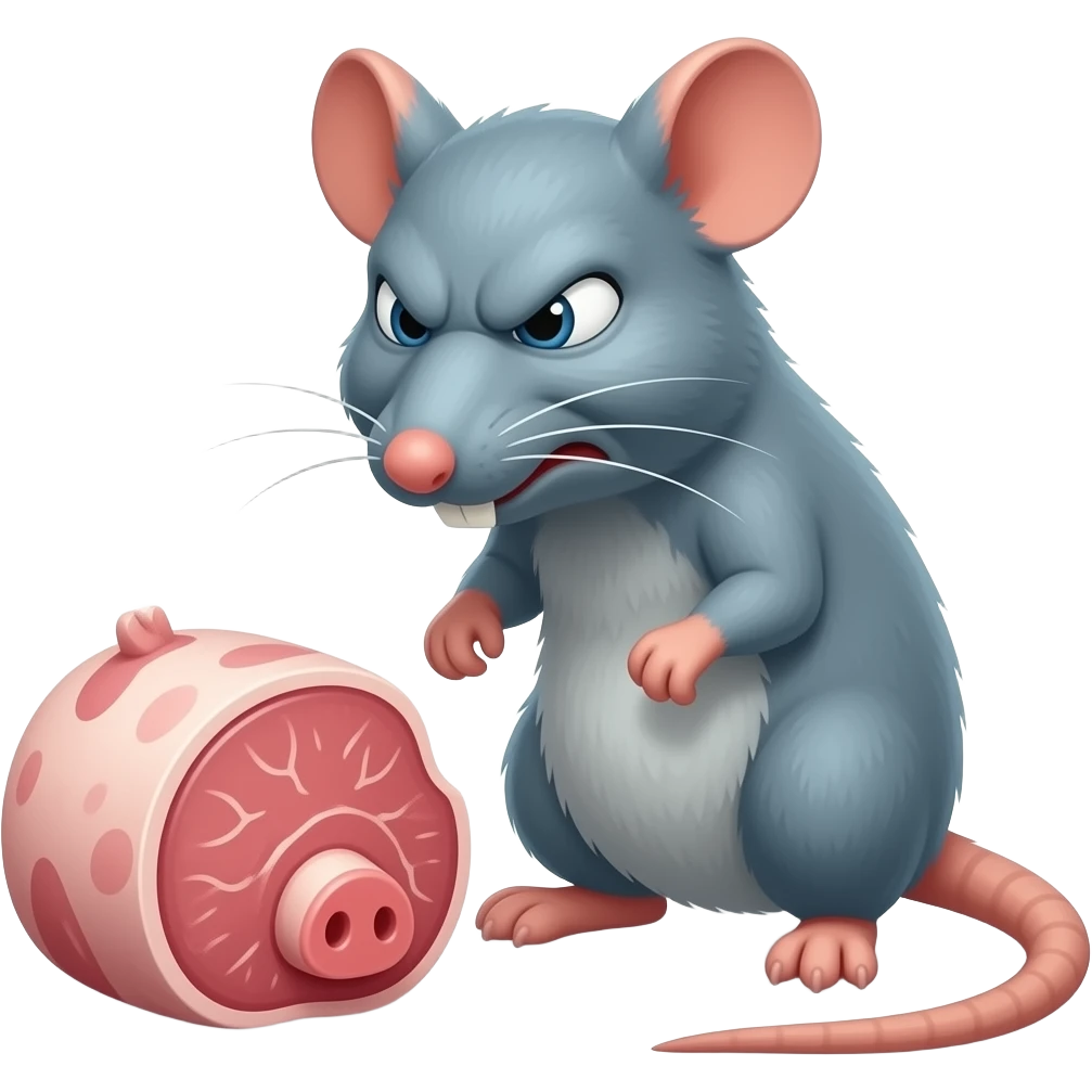 A rat looking at a piece of por, with angra face that links goofy emoji