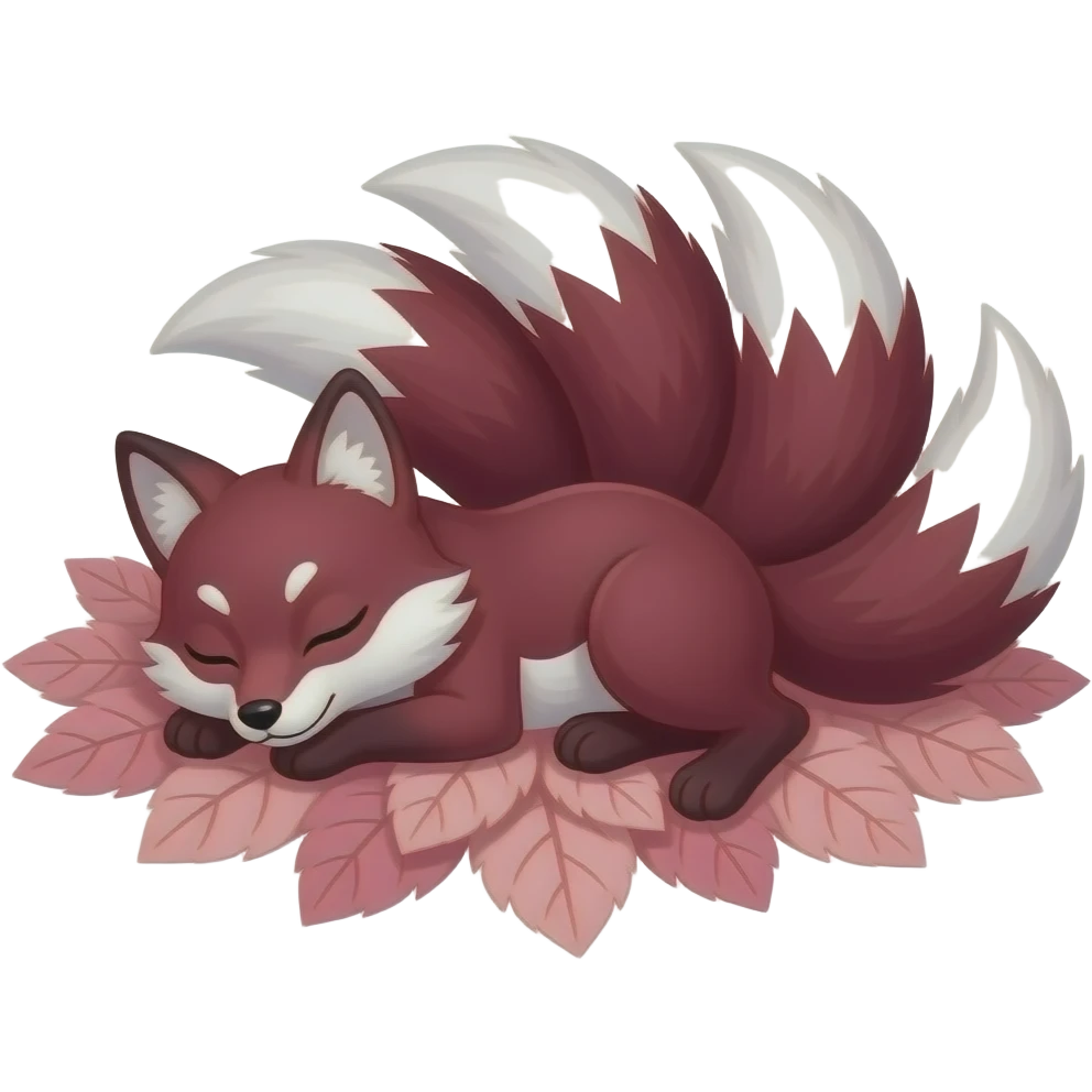 darkred and white nine tailed fox sleeping in pink tree leaves emoji