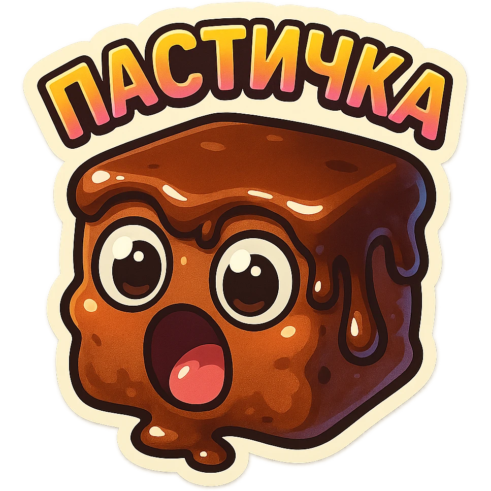 Rectangular chocolate mini pastry, slightly messy and squished, chocolate dripping, big round eyes, wide open mouth, playful surprised expression, text above: "ПАСТИЧКА", chibi style, Twitch emoji style, transparent background, colorful

 emoji