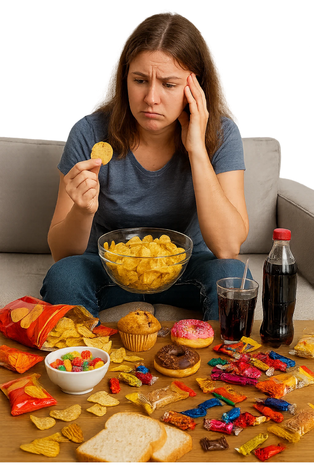 Donna tra i 25 e i 35 anni seduta sul divano o a un tavolo disordinato, circondata da cibi sparsi e poco sani: patatine, dolci, pane bianco, snack confezionati, bibite.  emoji