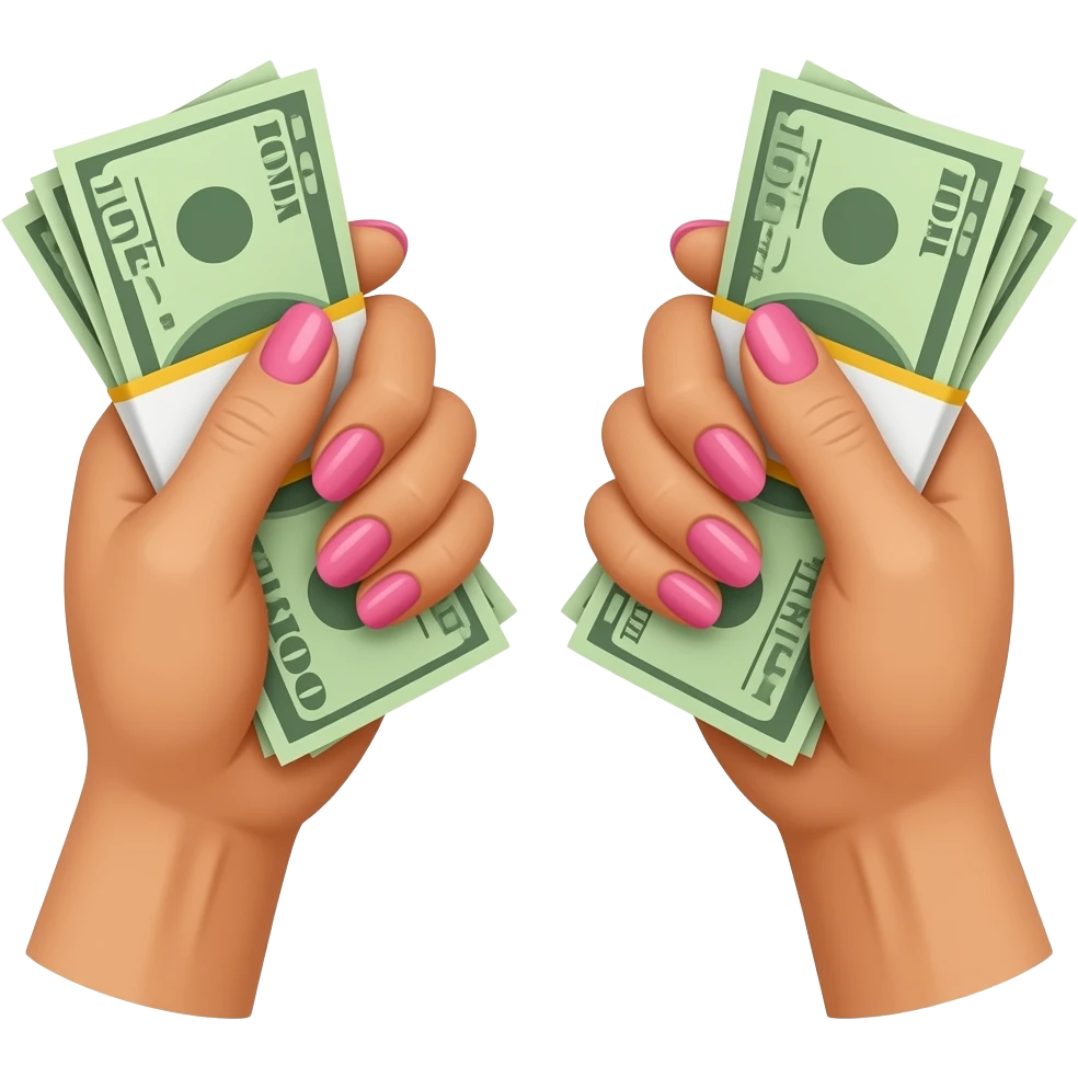 Two fair hands, with long, pink nails, held two wads of cash emoji