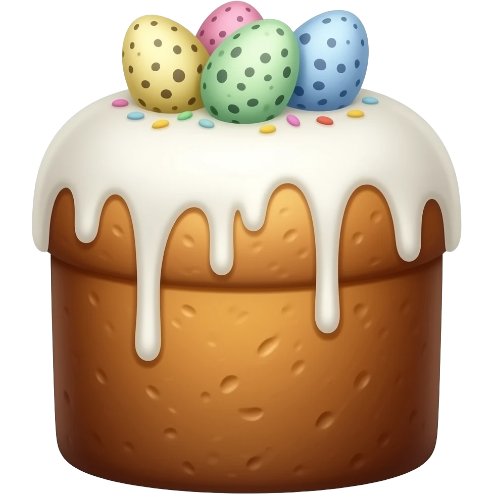 панеттоне золотистого цвета, высокий, с белой глазурью и украшением сверху  с очень мелкими перепелиными  яичками пастельных тонов emoji