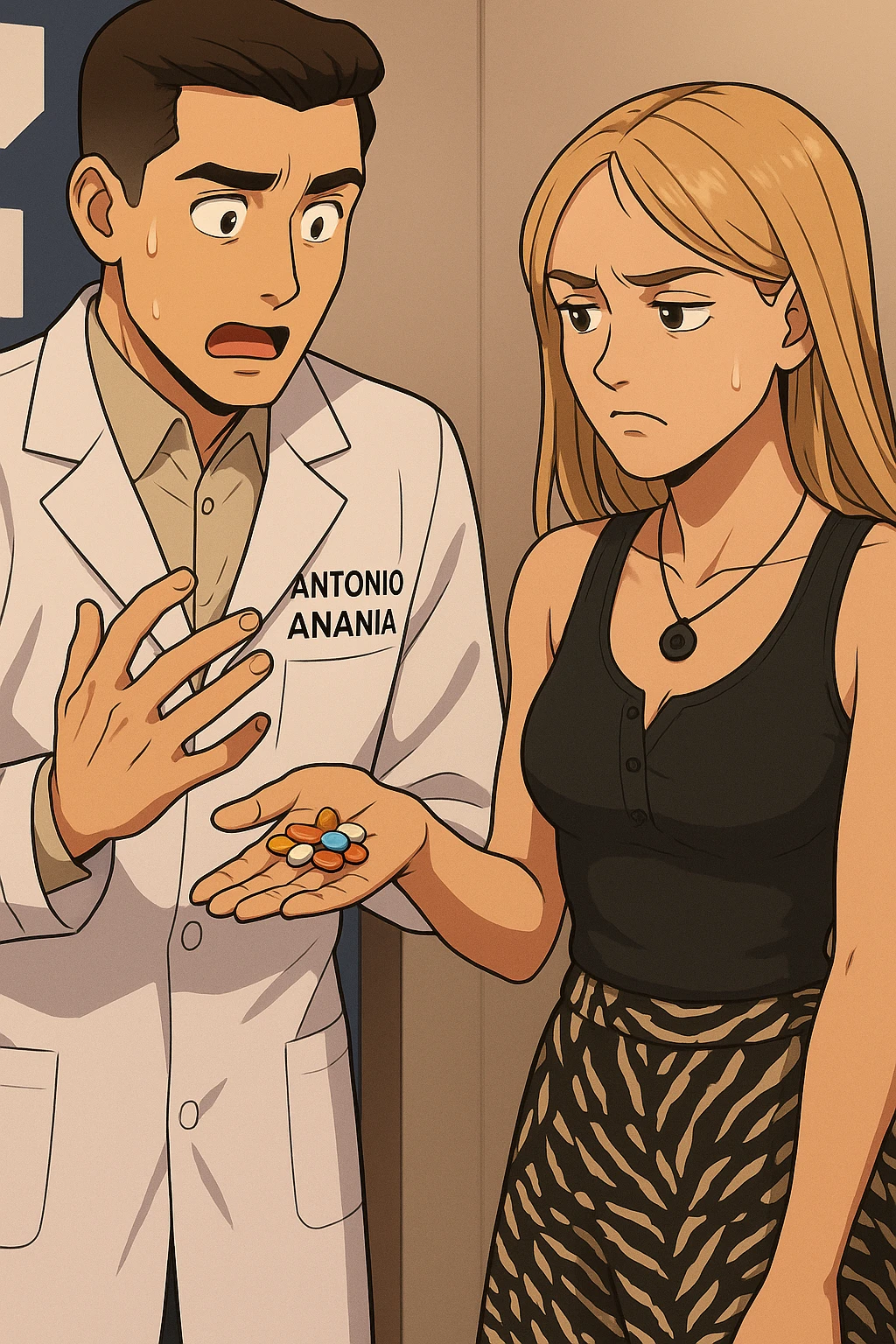 fai un webtoon/manga a colori con questo kinesiologo in camice bianco (fagli la scritta "ANTONIO ANANIA" SUL CAMICE) CHE PARLA CON QUESTA RAGAZZA. LA RAGAZZA HA UN PUGNO DI INTEGRATORI IN MANO (TANTE PILLOLE DIVERSE) E LE GUARDA DUBBIOSA. IL KINESIOLOGO CON IL CAMICE BIANCO LE DOMANDA UNA COSA SCIOCCATO. NON FARE I FUMETTI, FAI SOLO LORO COME SE DIALOGASSERO emoji