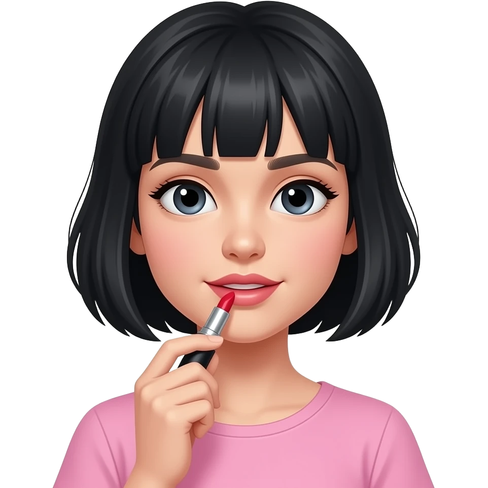 White girl with short black hair applying lipstick, wearing a light pink top, iPhone emoji style emoji