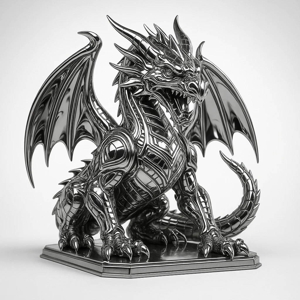 A fierce dragon in a dramatic pose, rendered in a chrome style with shiny metallic textures and reflective surfaces, 1:1 aspect ratio. emoji