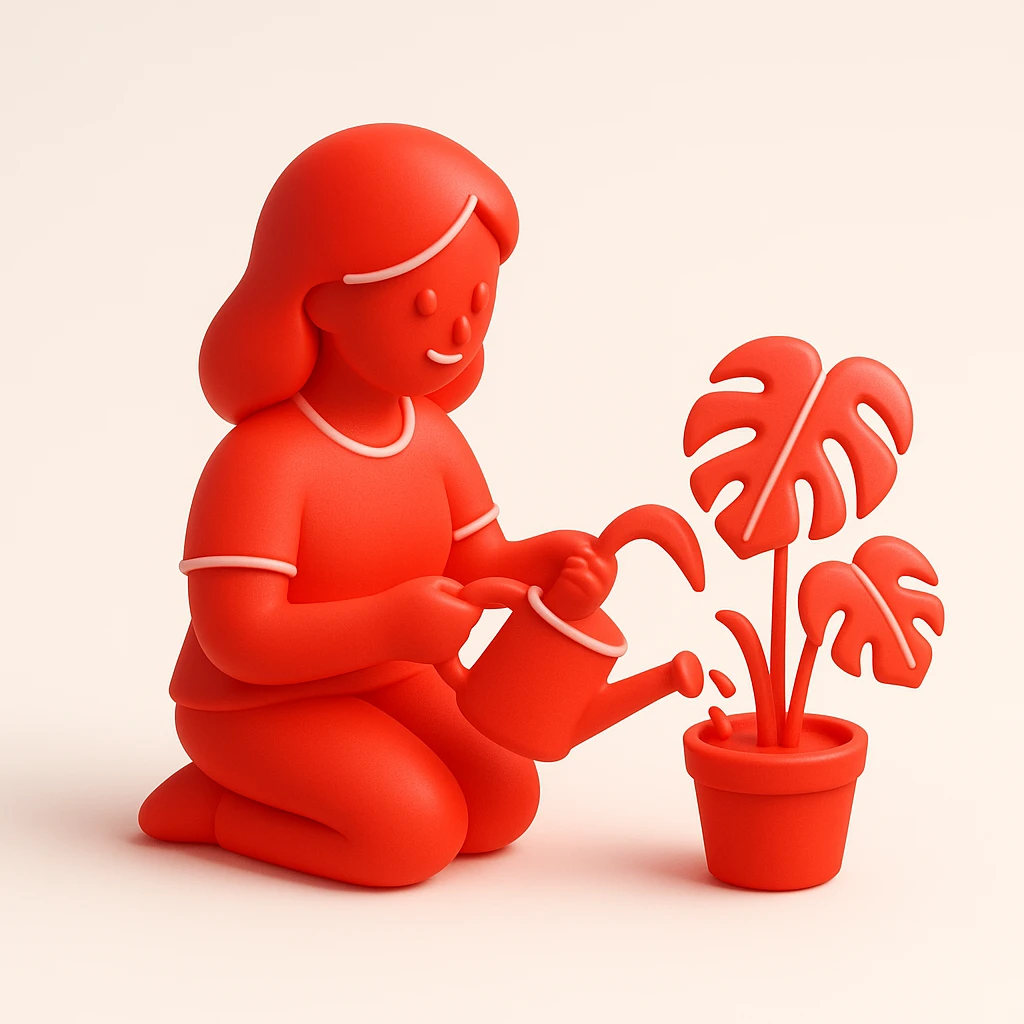 woman watering her monstera plant emoji