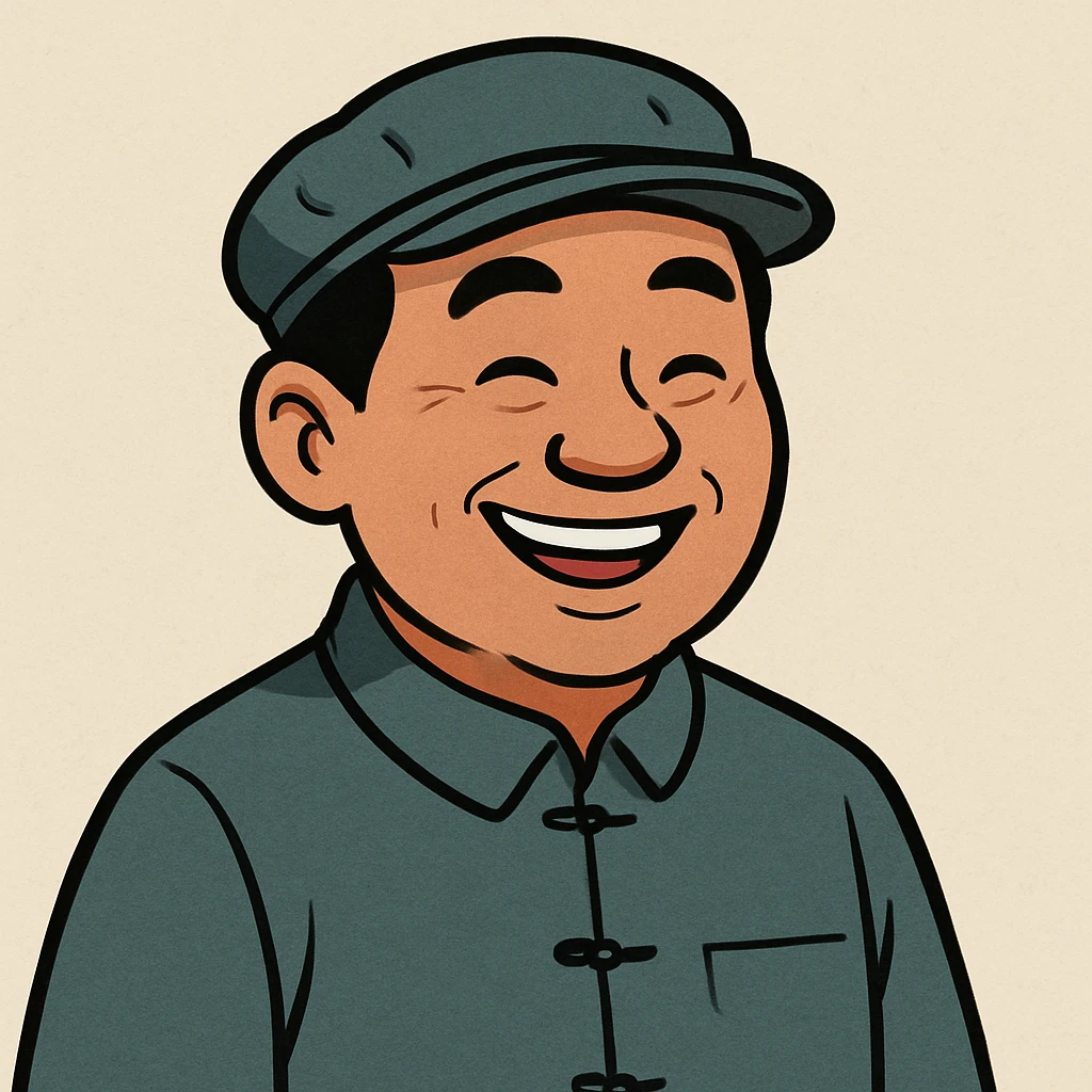 Chinese man with a cap, cartoon style, smiling, minimal background emoji