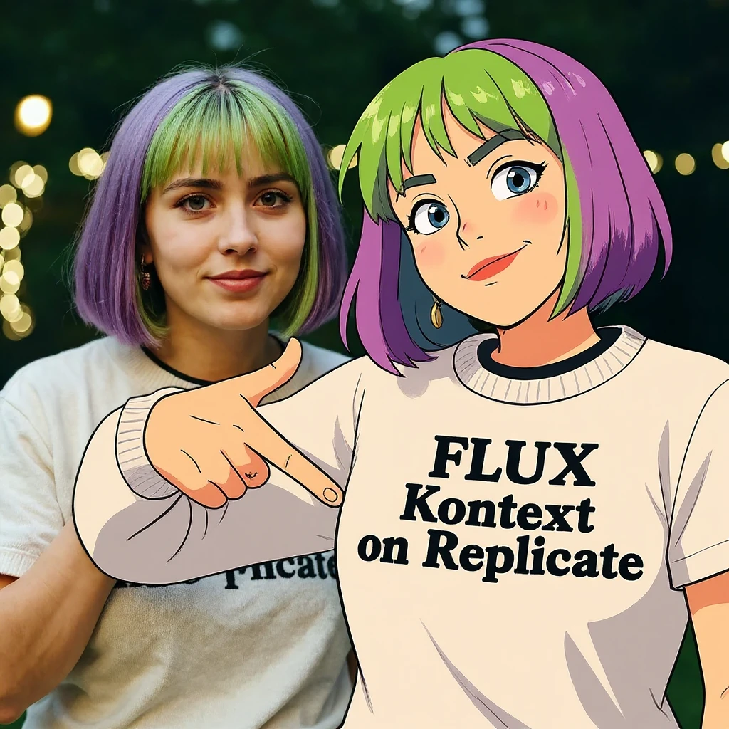 make a image of a girl with a anime version of that girl beside her wearing tshirt with text of "FLUX Kontext", avoid replicate emoji
