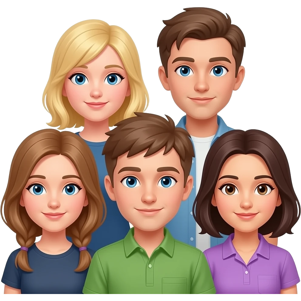 one girl with blonde hair and blue eyes, boy with light brown hair and blue eyes, one girl with light brown hair and blue eyes, boy with light brown hair and blue eyes and green shirt , one girl with dark brown hair and brown eyes and a purple shirt emoji