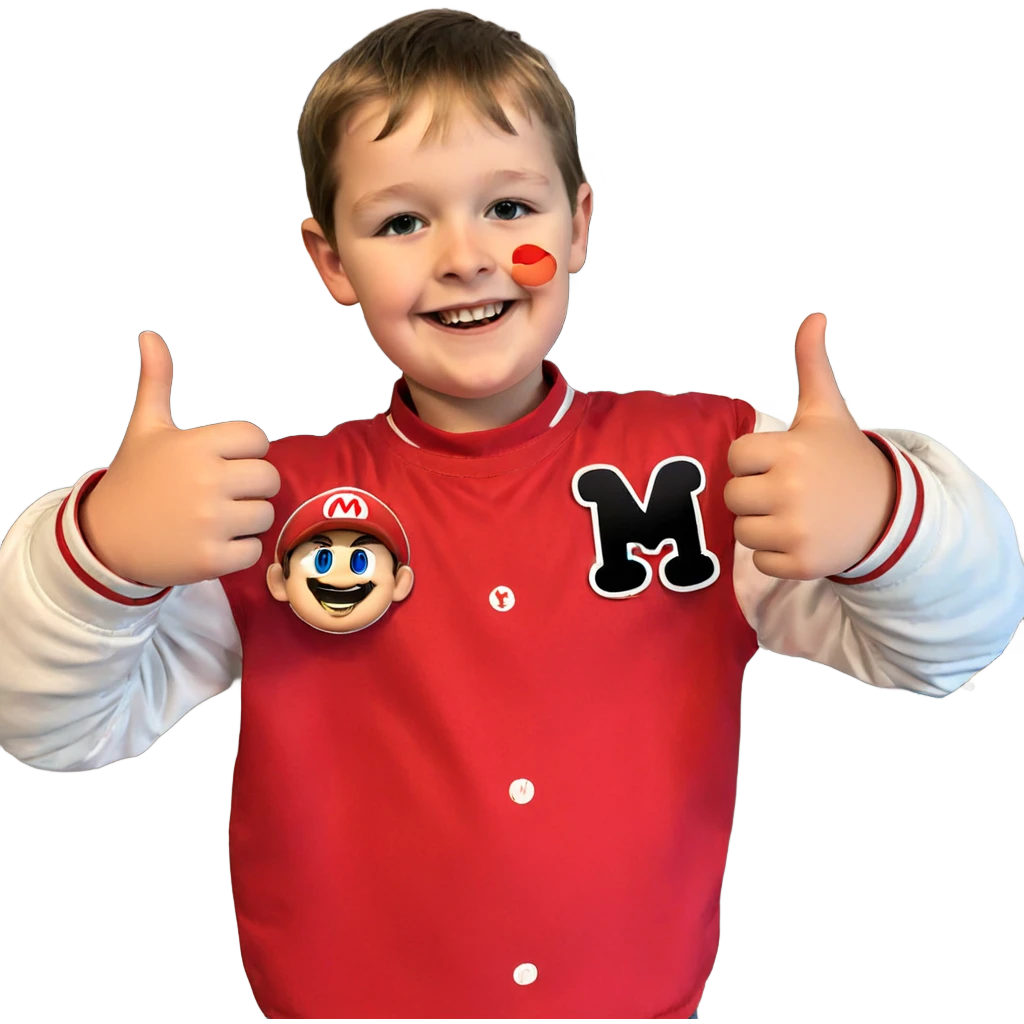 smiling boy with mario sticker emoji