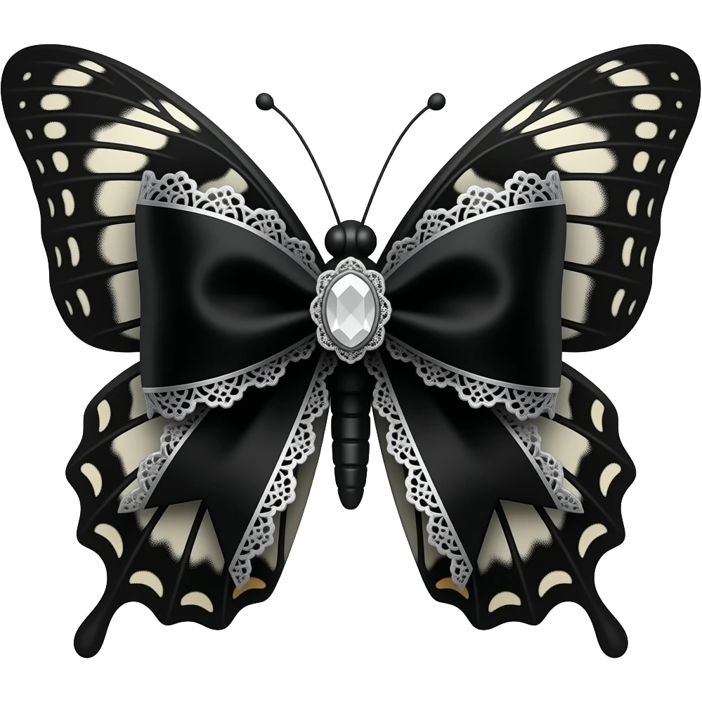 butterfly, 3D emoji gothic bow, black velvet, silver filigree, black lace trim, white gem, elegant emoji