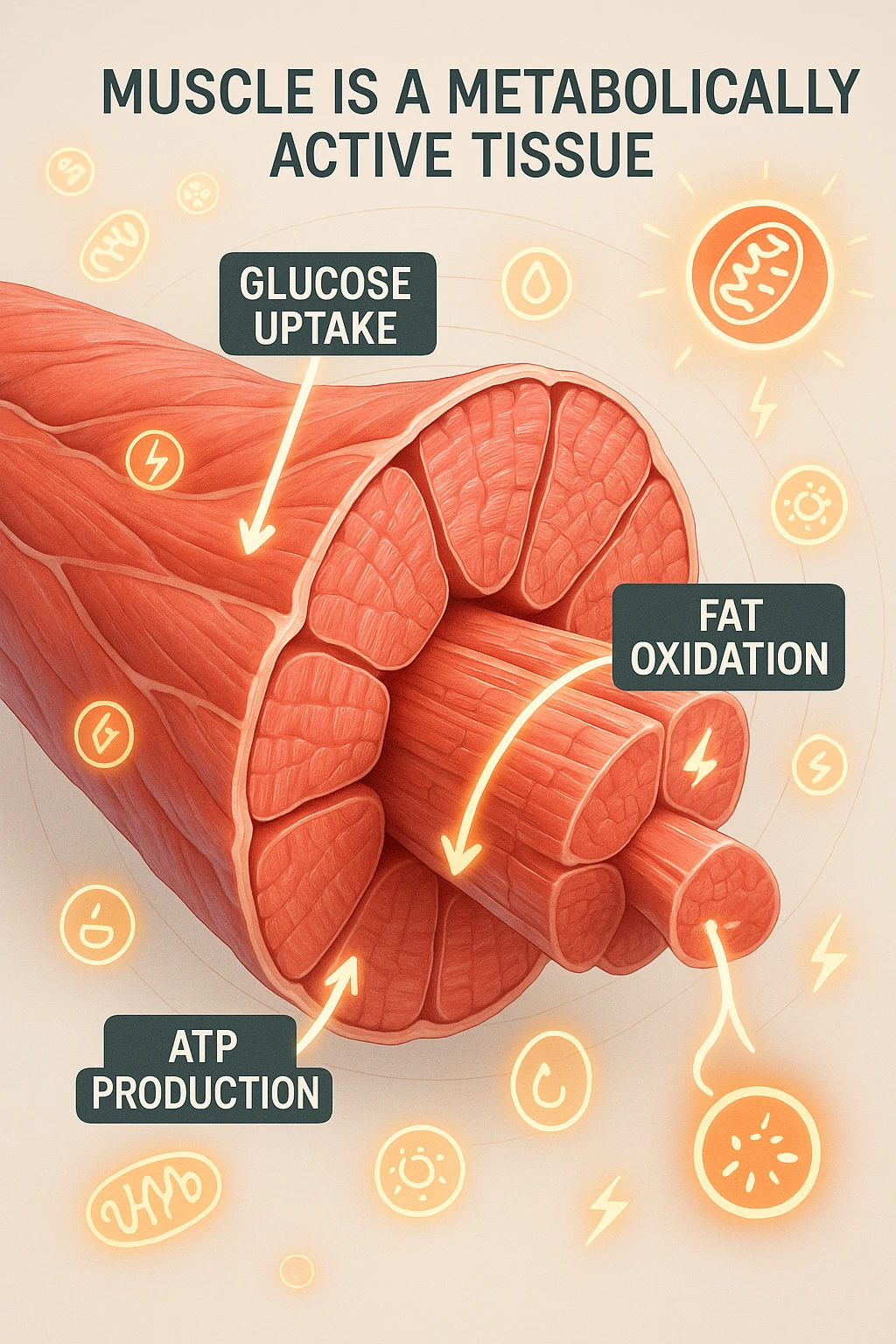 a highly detailed cross-section of human skeletal muscle fibers, shown in vibrant red and pink tones, with visible striations and realistic texture. Glowing arrows and animated icons represent active metabolic processes—such as glucose uptake, fat oxidation, and ATP production—occurring within the muscle tissue. Surrounding the muscle, floating symbols for mitochondria and energy highlight its metabolic activity. The background is clean and clinical, with subtle labels and infographics explaining that muscle is a metabolically active tissue. The overall style is modern, scientific, and visually engaging, suitable for educational or medical use. emoji